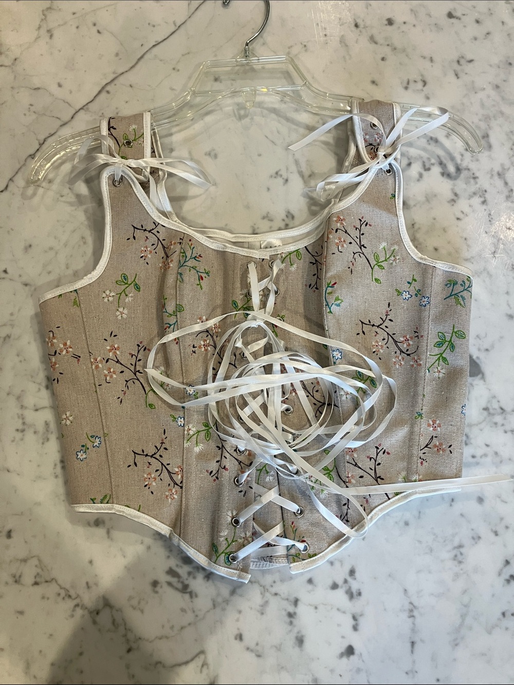 SHEIN Floral Lace-Up Corset Crop Top - Cream with Multicolor Blossoms💕💕